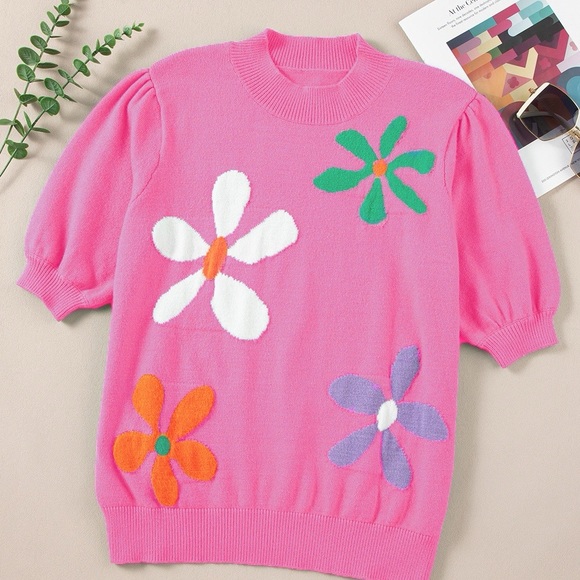 Flower Mock Neck Short Sleeve Sweater - Picture 8 of 10